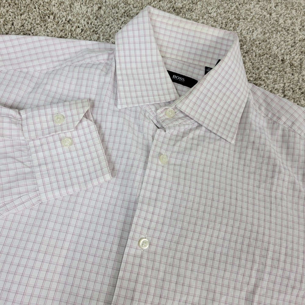 Boss Hogo Boss Mens 15-34/35 White Plaid Check Button Up Long Sleeve